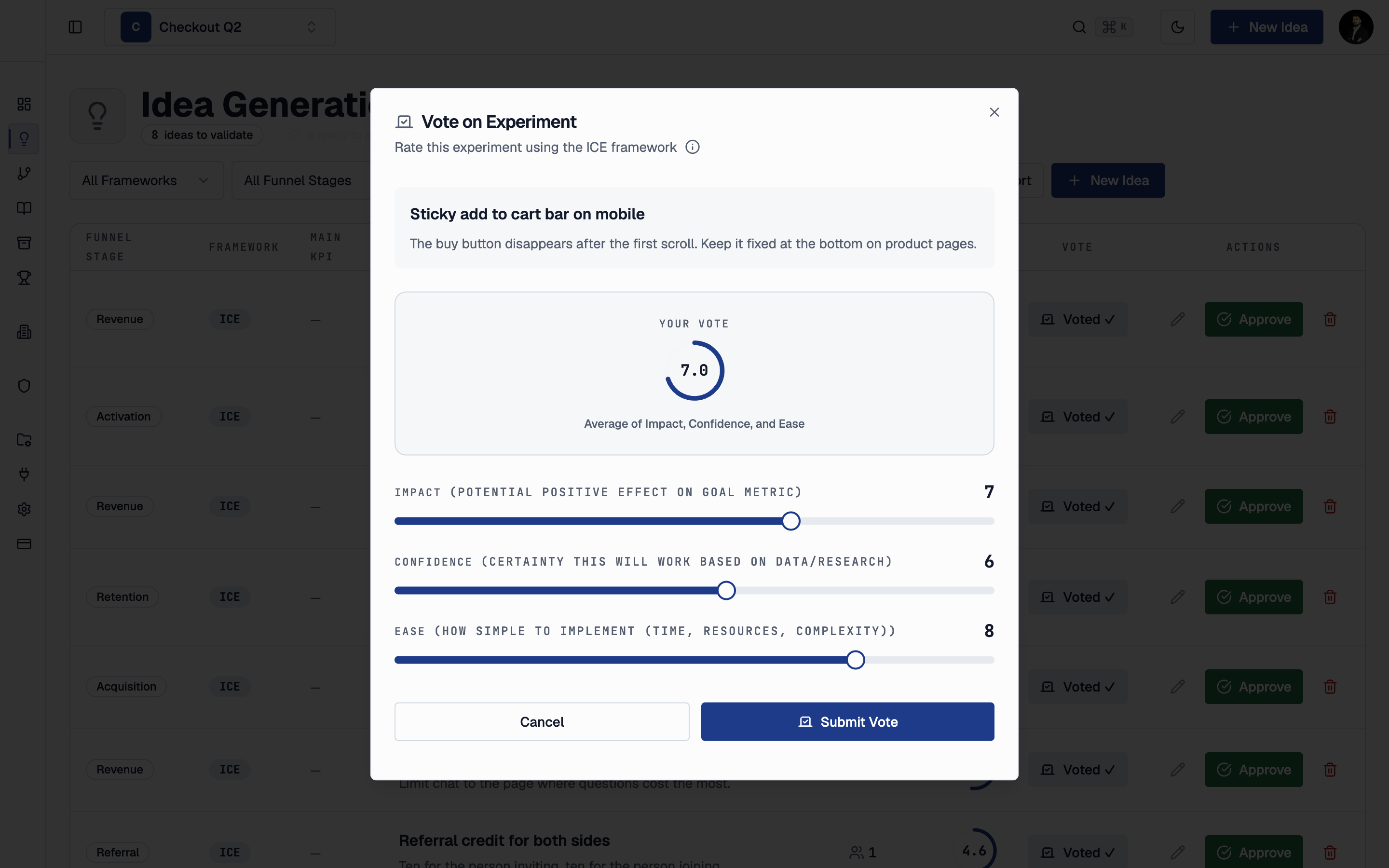 Hypotize vote dialog with impact, confidence, and ease sliders scoring one experiment idea
